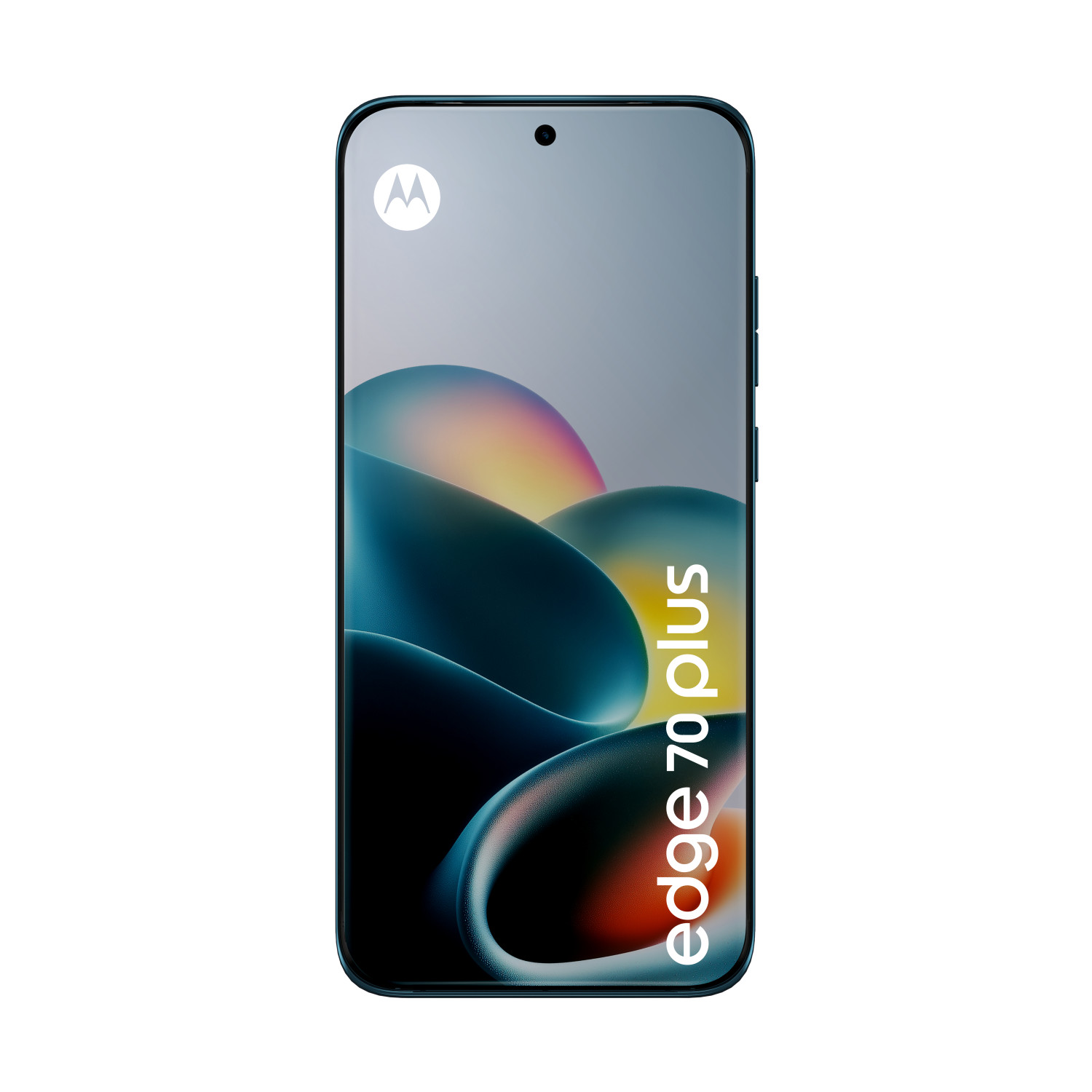 Smartphone Motorola Edge 70 plus con sfondo astratto colorato e testo.