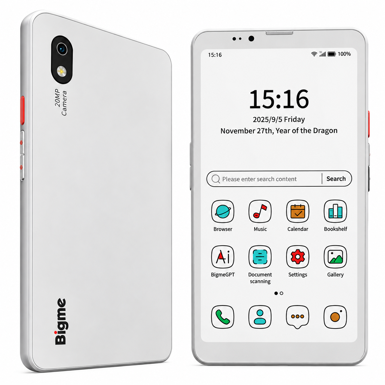 Vista frontal y trasera de un smartphone blanco Bigme con pantalla de tinta electrónica, iconos y cámara de 20MP.