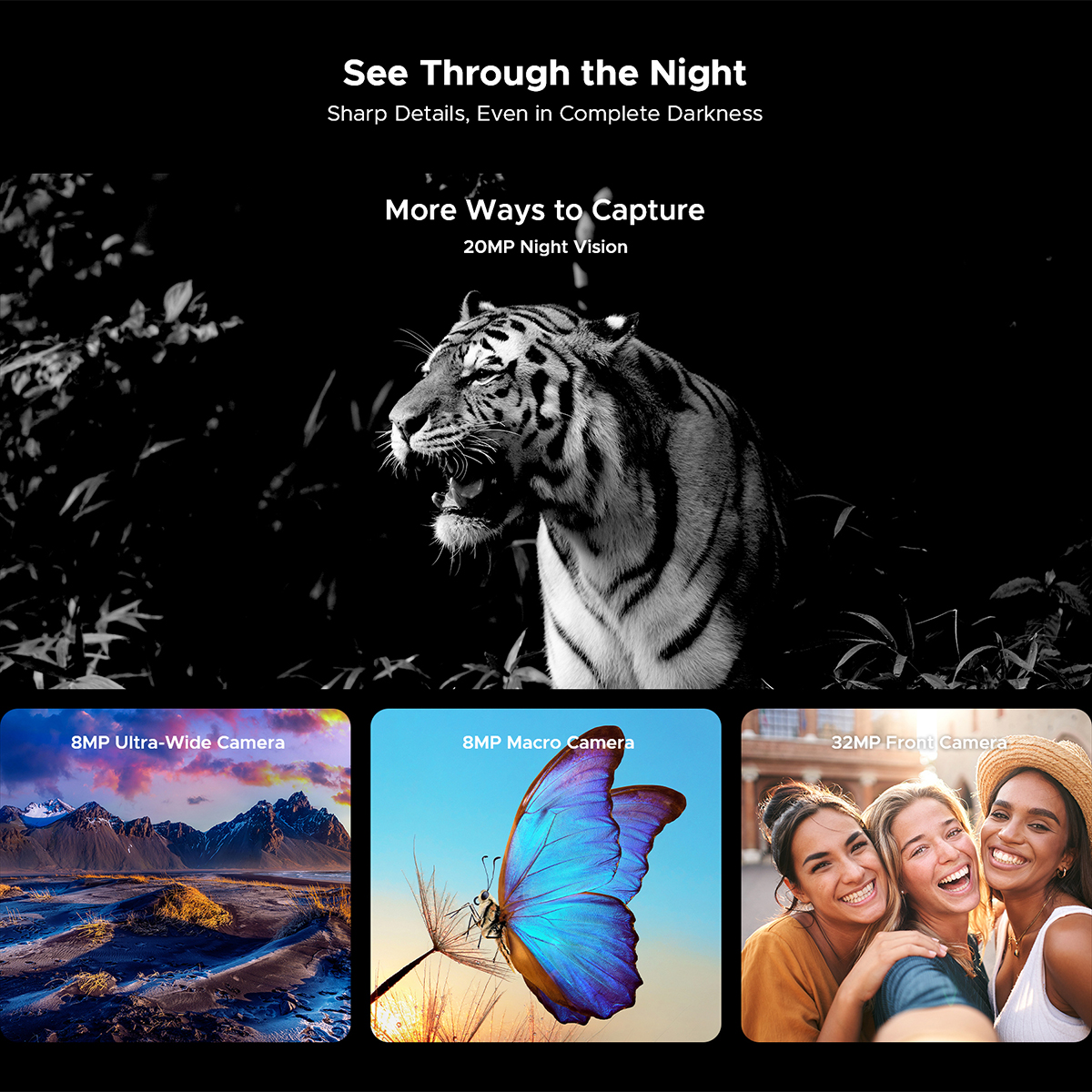 Promo di smartphone con foto notturna di tigre e tre modalità di fotocamera: grandangolo, macro e selfie.
