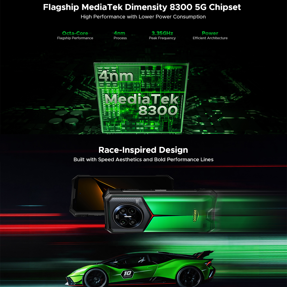 Chipset MediaTek Dimensity 8300 e uno smartphone verde con design ispirato alle auto da corsa.