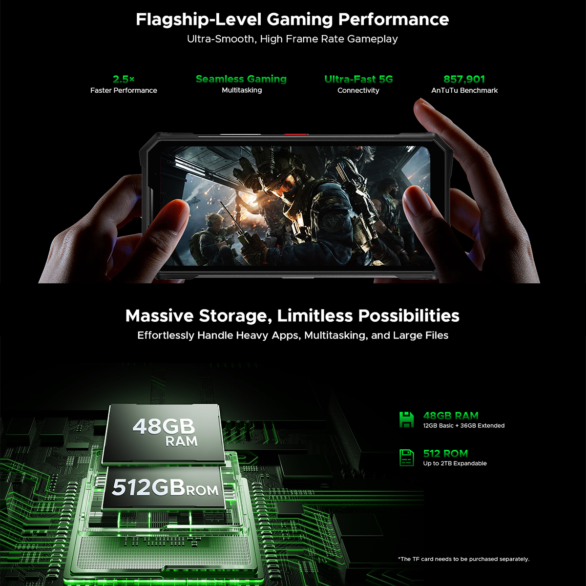 Un annuncio sulle prestazioni di gioco, con mani che tengono il telefono e dettagli su 48GB di RAM.