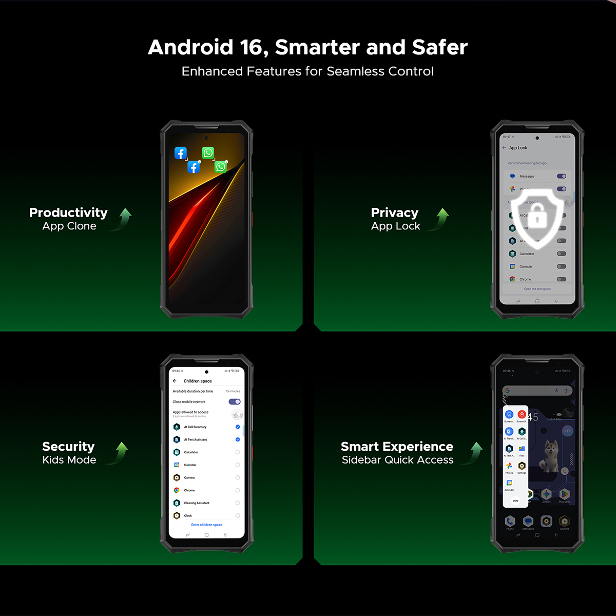 Funzioni di Android 16 su quattro telefoni: Clone app, Blocco app, Modalità bambini e Barra.