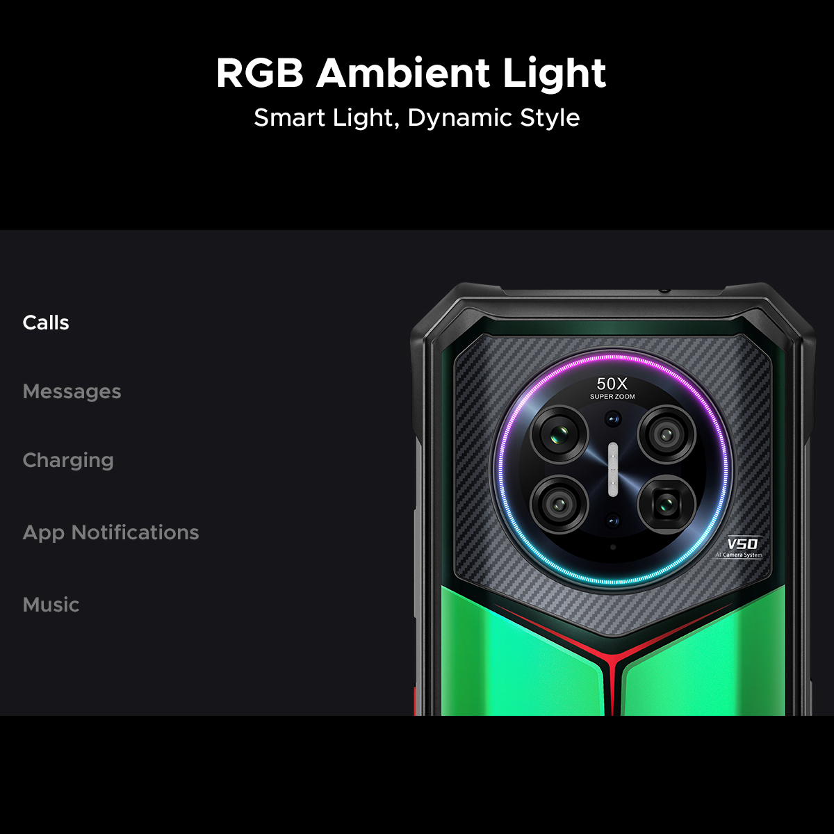 Retro di uno smartphone con anello di luce RGB circolare attorno a quattro fotocamere, fibra di carbonio e dettagli verdi.