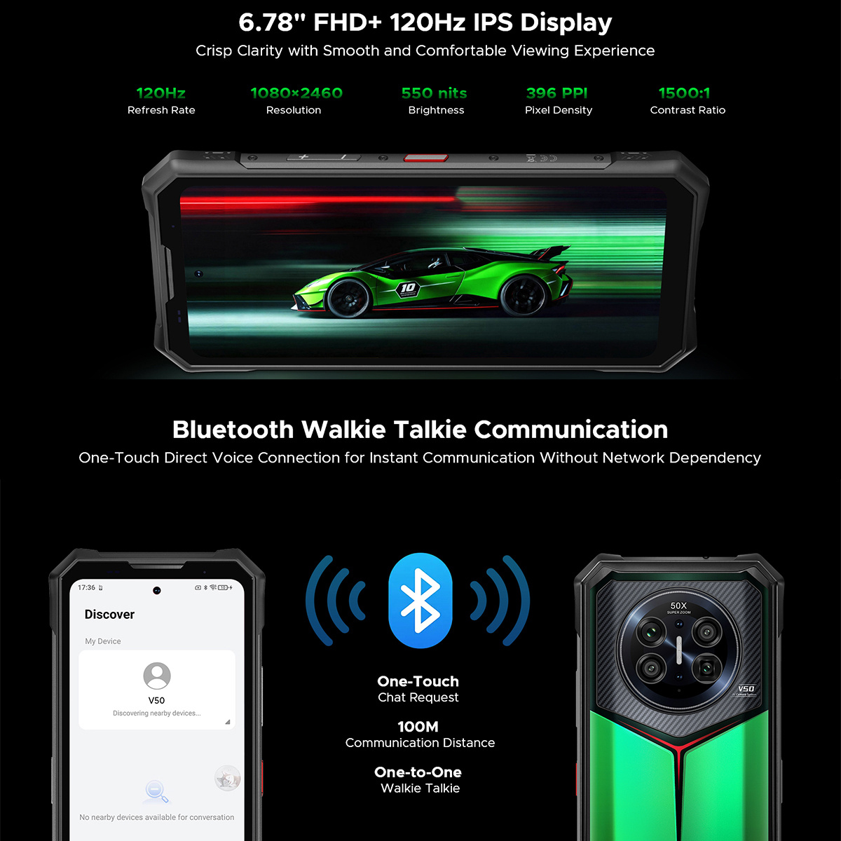Schermo dello smartphone con specifiche, funzioni walkie-talkie e dettagli del dispositivo su sfondo nero.
