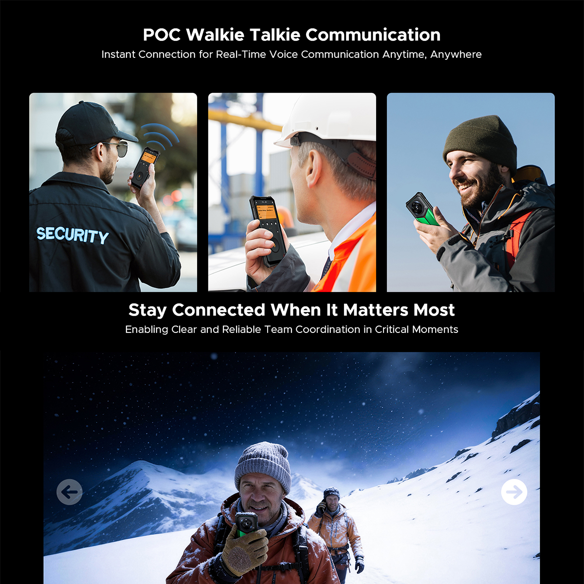 Tre persone usano telefoni walkie-talkie resistenti per comunicare in ambienti diversi, inclusi neve e sicurezza.