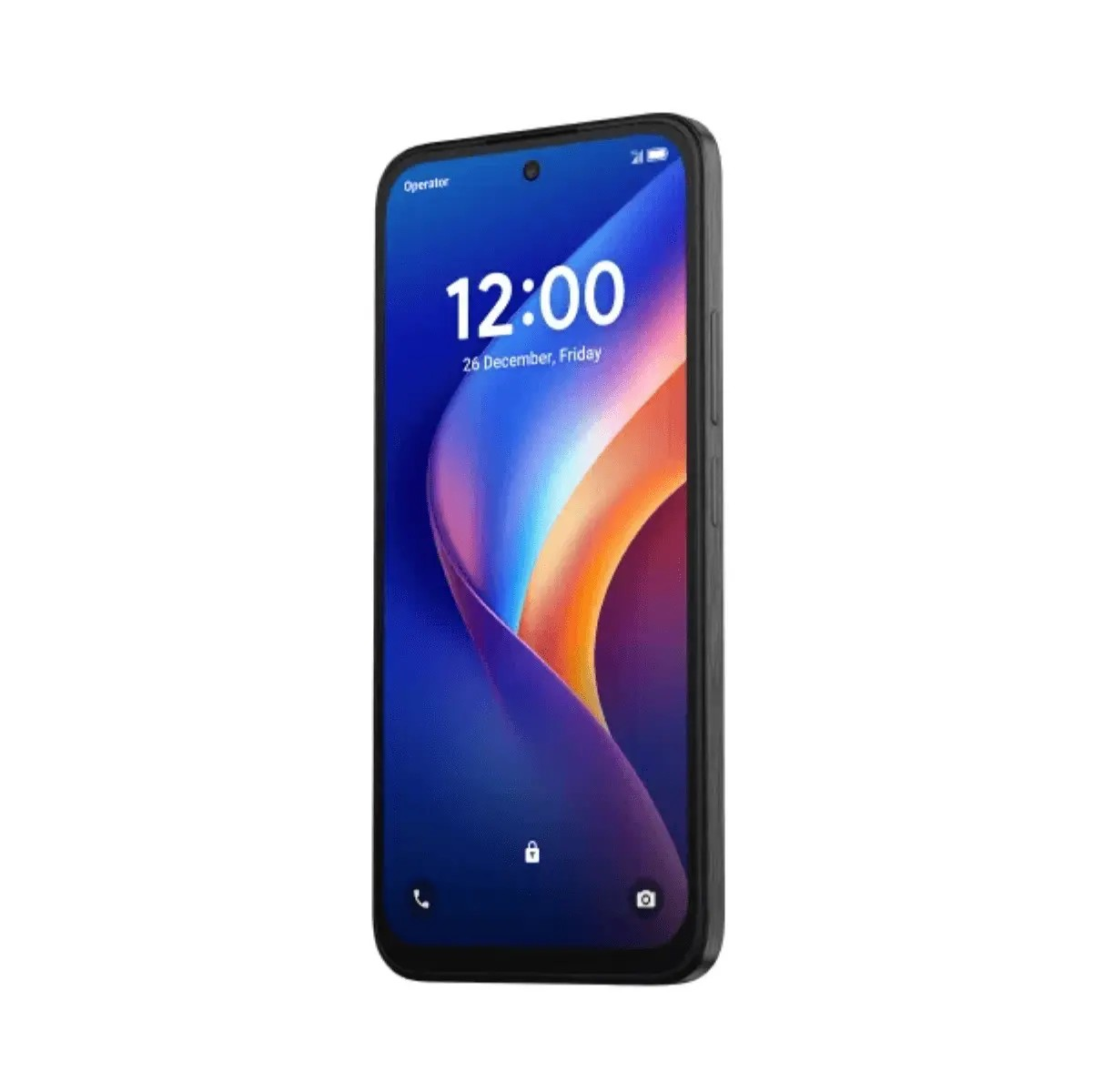 Smartphone nero con sfondo astratto blu e arancione che mostra l'ora 12:00.