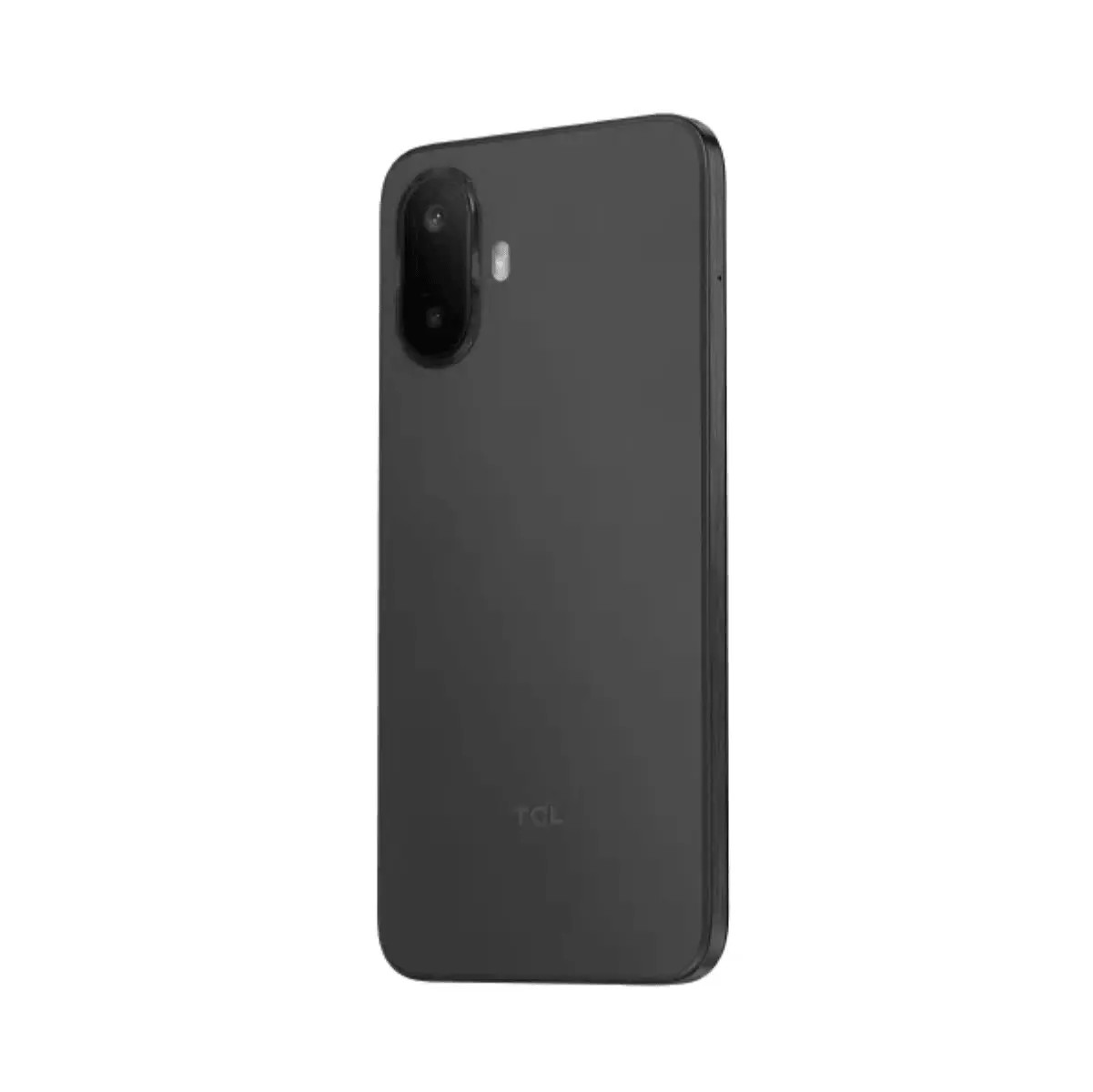 Retro di uno smartphone nero TCL con fotocamera doppia verticale in alto a sinistra e logo discreto in basso.