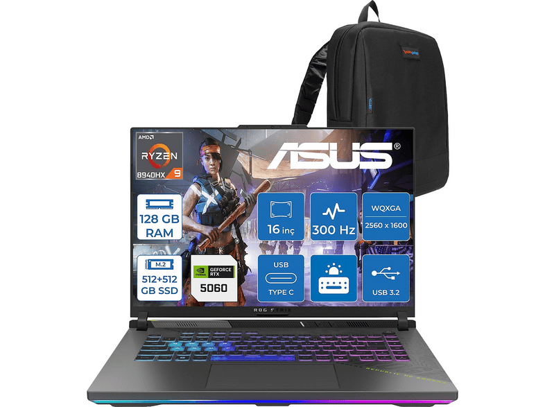 ASUS Rog Strix G16 G614PM WTS198F50 AMD Ryzen 9 8940HX 128 GB RAM 512 GB SSD 16 inç FreeDOS Laptop+Çanta Gri