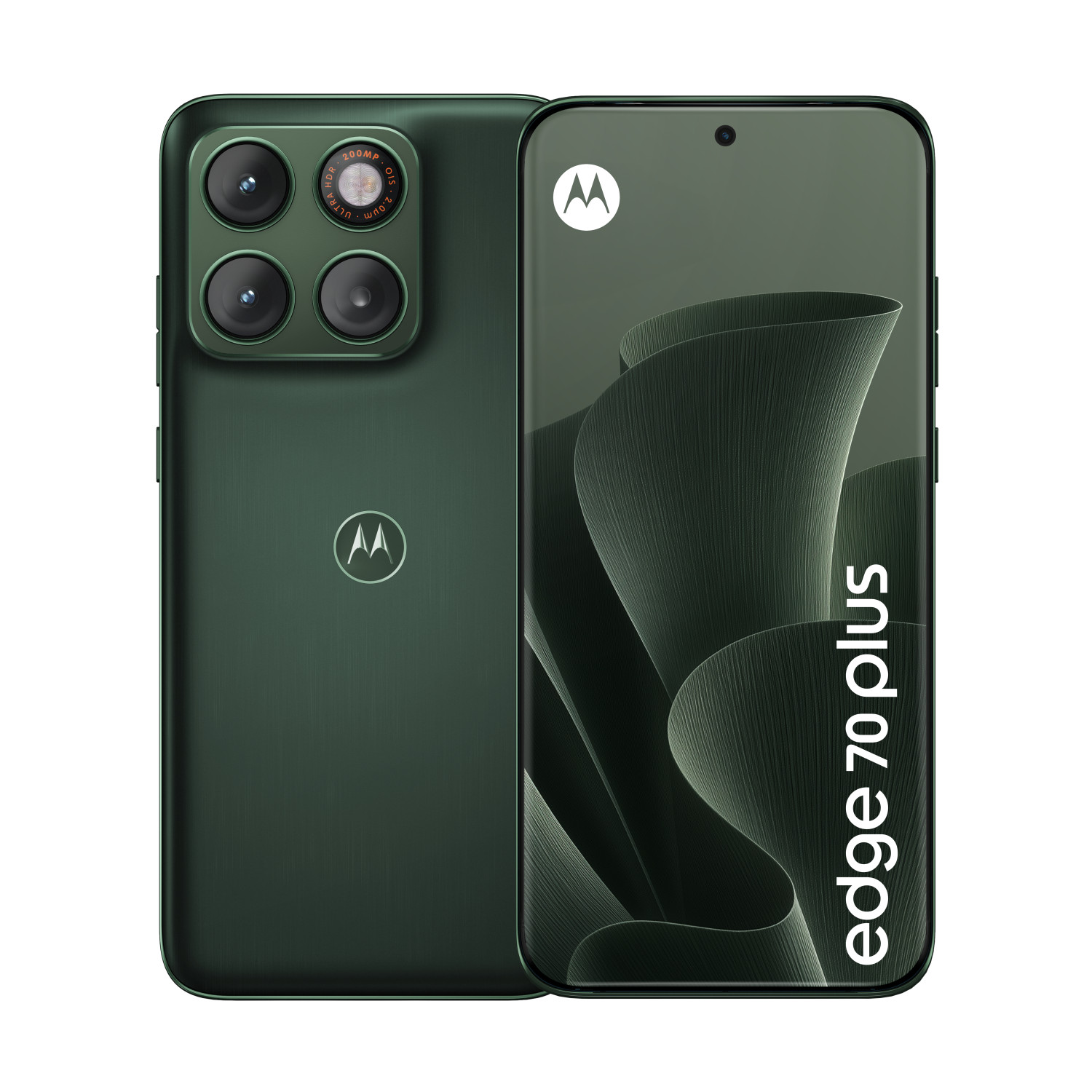 Smartphone verde Motorola Edge 70 plus mostrato da davanti e da dietro con tripla fotocamera e logo Motorola.