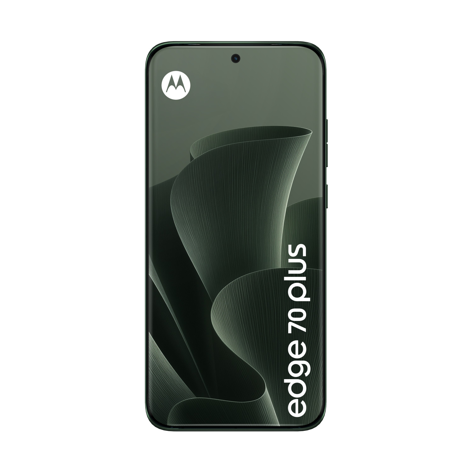 Vista frontale dello smartphone Motorola Edge 70 Plus verde, con il logo Motorola e la scritta 'edge 70 plus'.