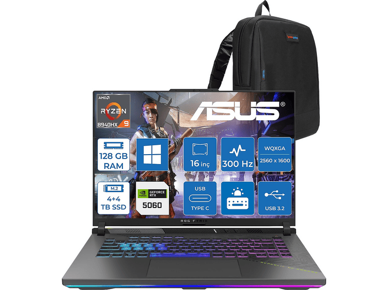 ASUS Rog Strix G16 G614PM 8GB RTX5060 WTS198P56 AMD Ryzen 9 8940HX 128 GB RAM 4 TB SSD 16 inç FreeDOS Laptop+Çanta Gri