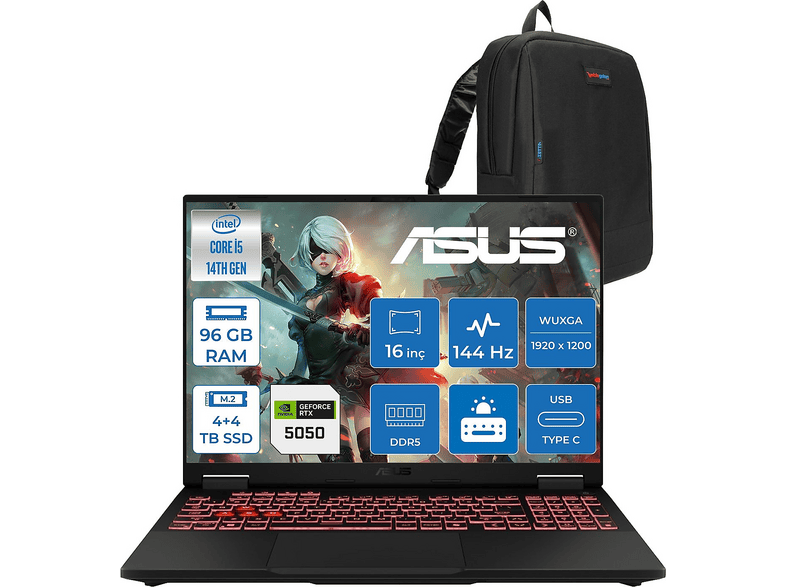 ASUS Tuf Gaming F16 8GB RTX5050 WTU23F48 Intel Core i5-14450HX 96 GB RAM 4 TB SSD 16 inç FreeDOS Laptop+Çanta Gri