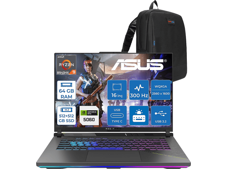 ASUS Rog Strix G16 G614PM WTS198F26 AMD Ryzen 9 8940HX 64 GB RAM 512 GB SSD 16 inç FreeDOS Laptop+Çanta Gri