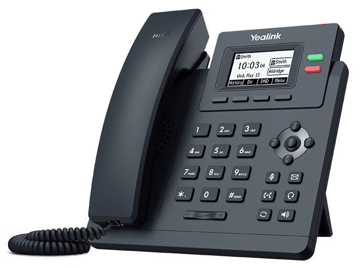 Czarny telefon stacjonarny IP Yealink z ekranem LCD, klawiaturą i słuchawką na białym tle.