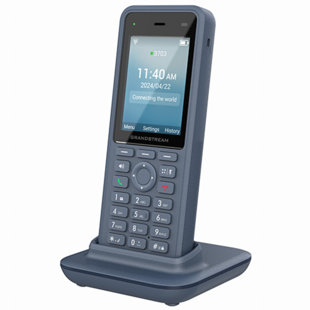 Un telefono IP blu si trova su una base di ricarica con tastierino numerico e display.