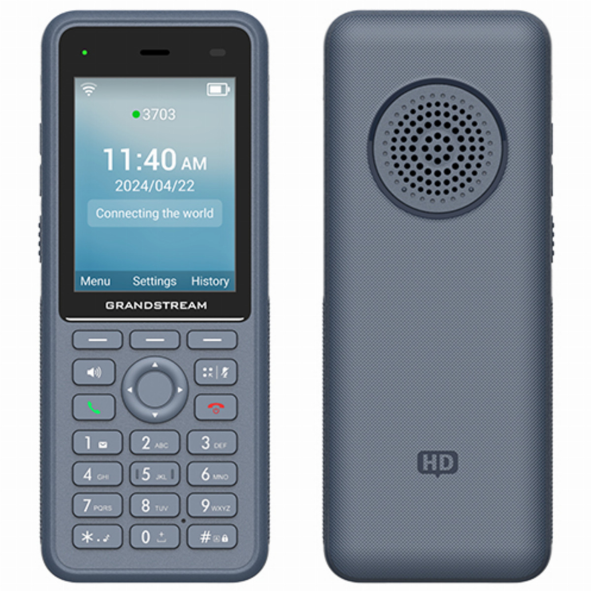 Fronte e retro di un cellulare blu Grandstream con schermo, tastiera e grande altoparlante.
