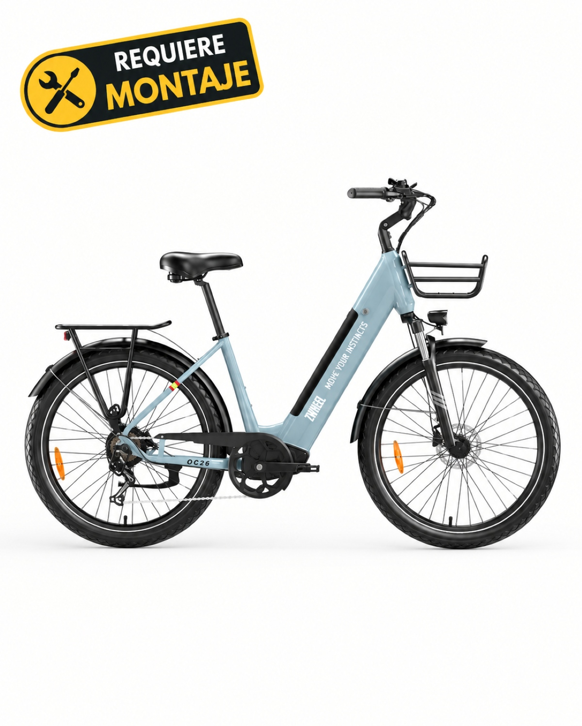 Bicicleta eléctrica azul claro con parrillas y un cartel amarillo con herramientas arriba.