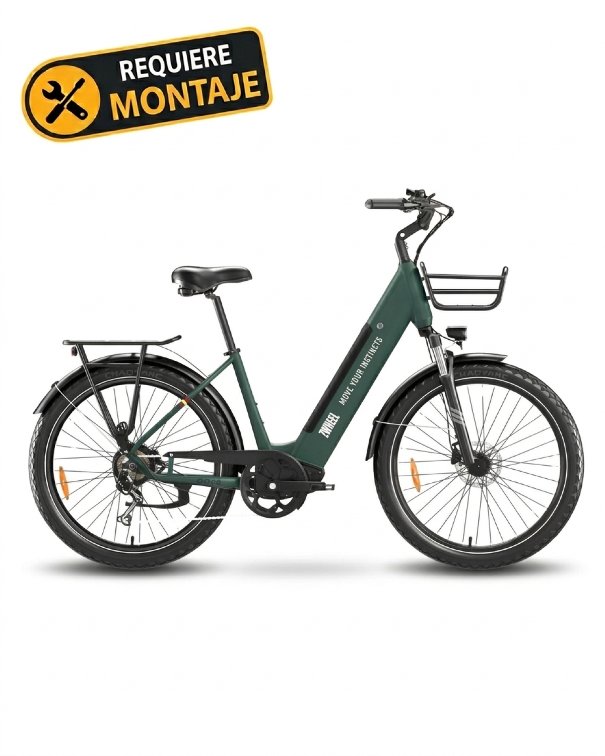 Bicicleta eléctrica verde oscura con portaequipajes y aviso de montaje.