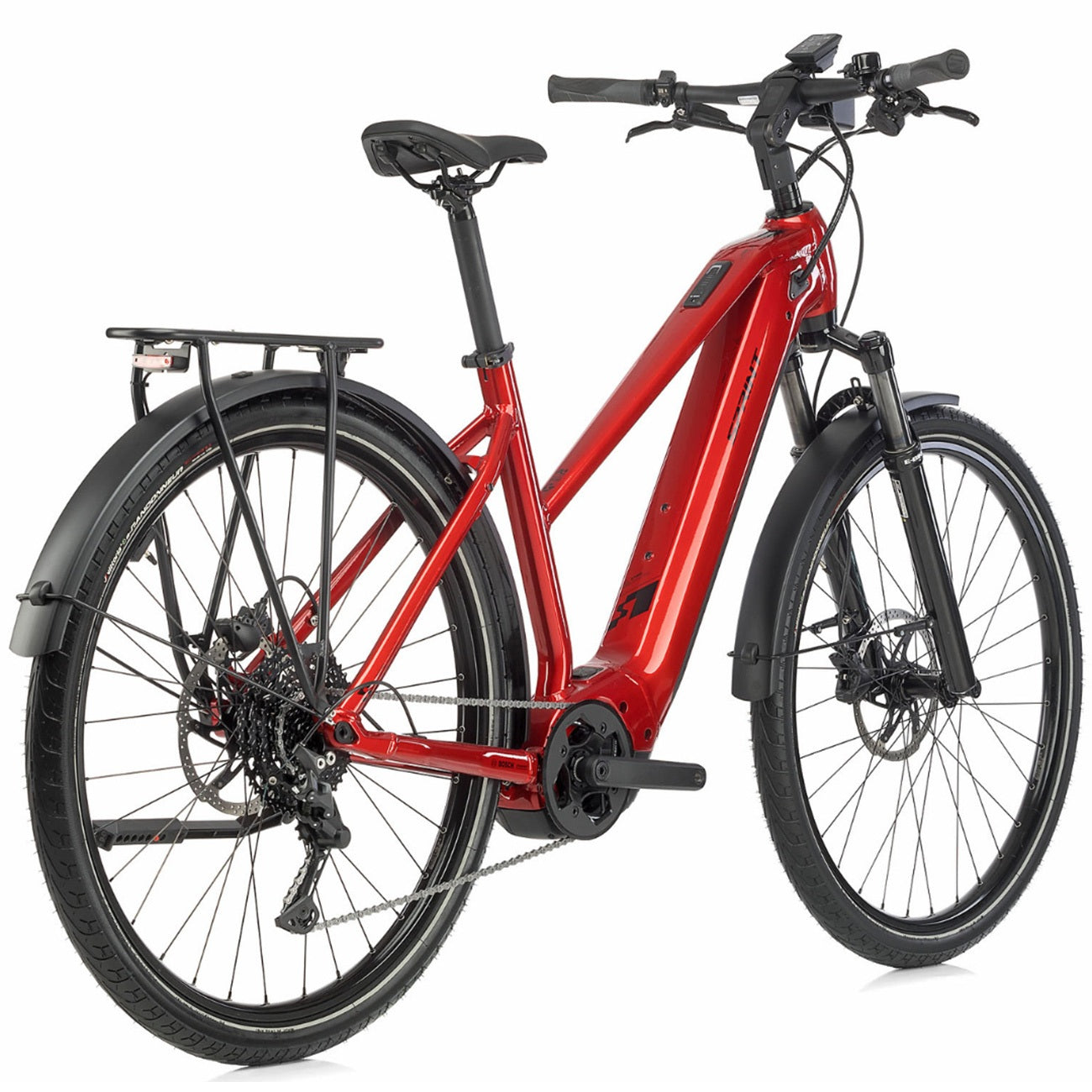 Ein rotes Elektrofahrrad mit Gepäckträger, Schutzblechen und Scheibenbremsen vor weißem Hintergrund.