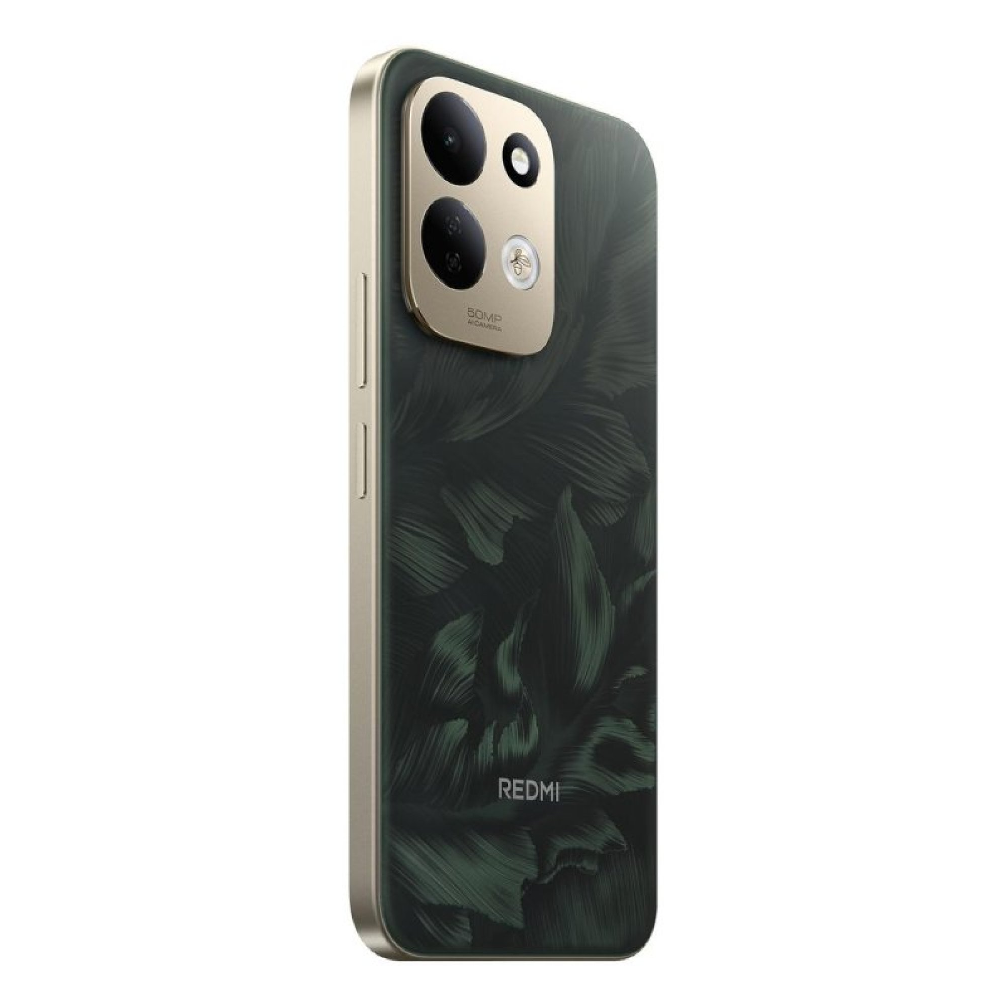 Ein dunkelgrünes Smartphone mit goldenem Rahmen und Blattmuster auf der Rückseite, mit Dual-Kamera.