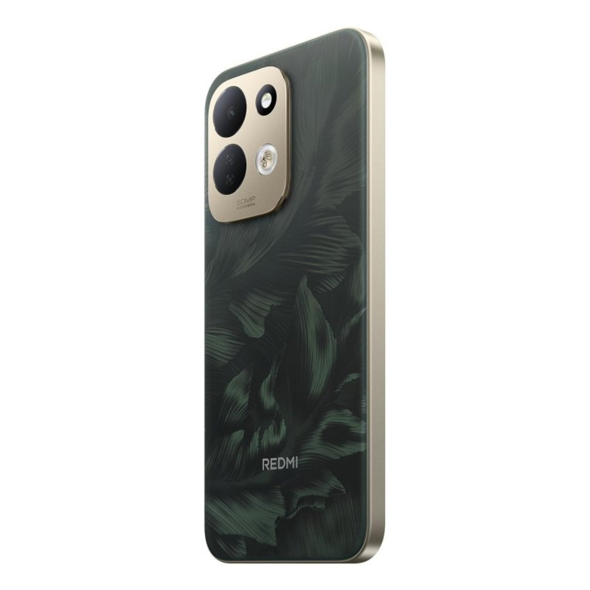 Rückseite eines dunkelgrünen Smartphones mit goldenem Kameramodul und floralem Muster.