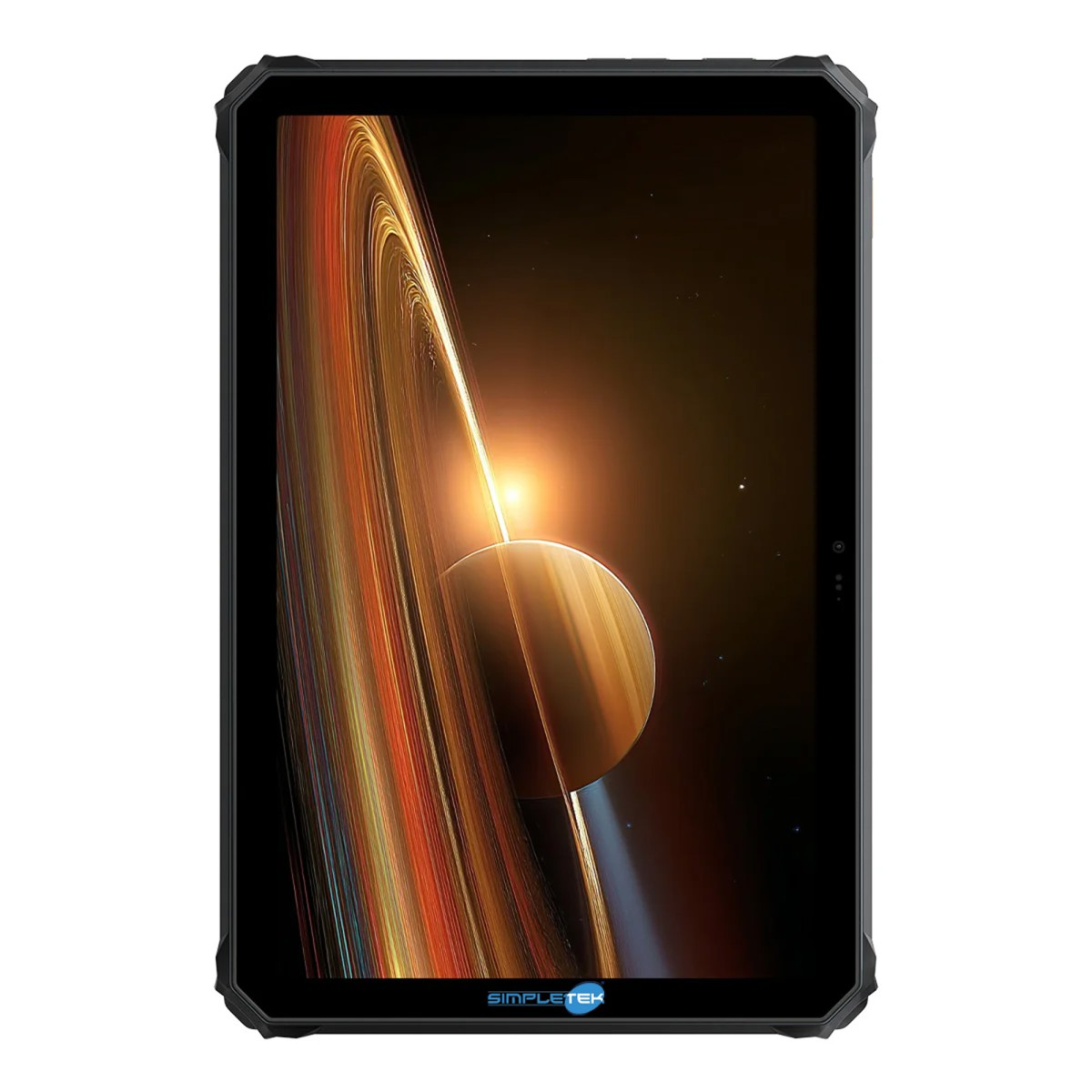 Un tablet robusto mostra una scena spaziale di Saturno e dei suoi anelli sullo schermo.