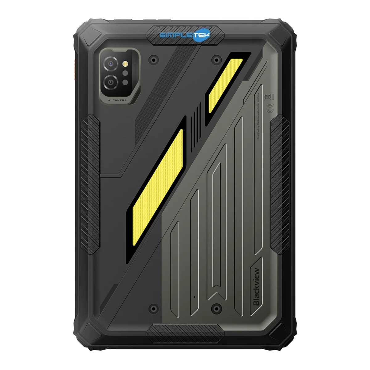 Vista posteriore di un tablet nero rugged con dettagli gialli e doppia fotocamera.