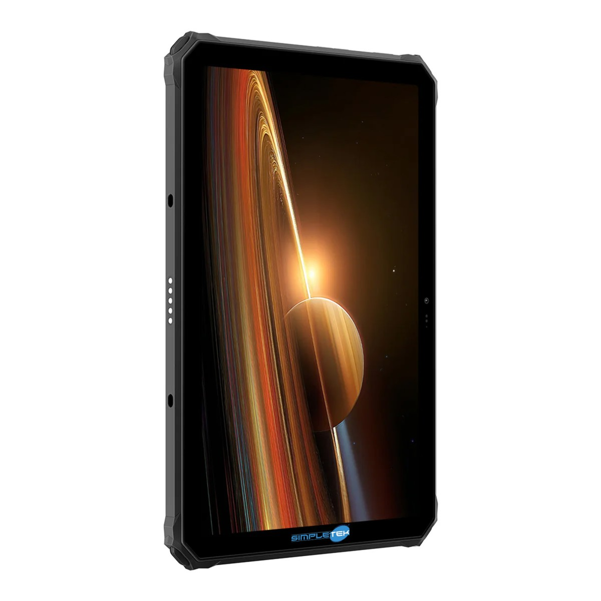Un tablet nero robusto mostra uno sfondo spaziale con un pianeta con anelli e un sole luminoso.