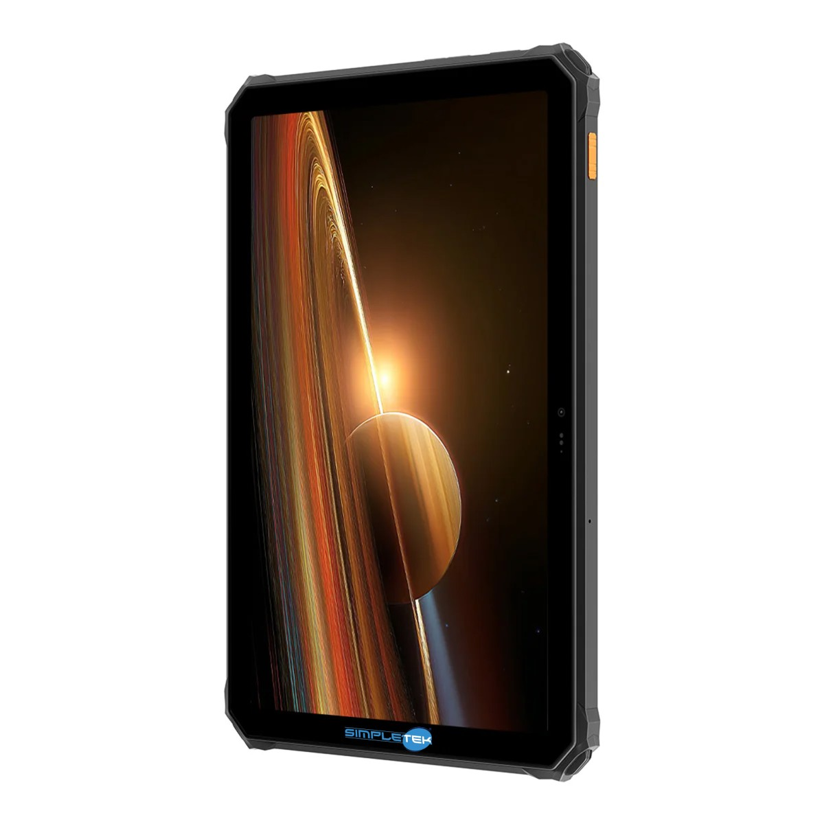 Un tablet robusto con cornice nera che mostra uno sfondo spaziale con un pianeta con anelli.