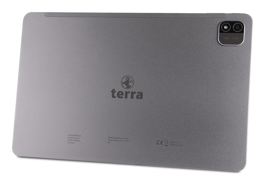 Il retro di un tablet grigio Terra con doppia fotocamera e informazioni sul produttore stampate.