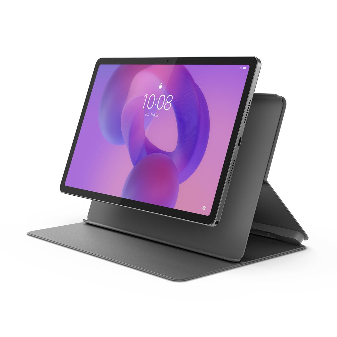 Un tablet grigio in un supporto abbinato mostra uno schermo colorato.