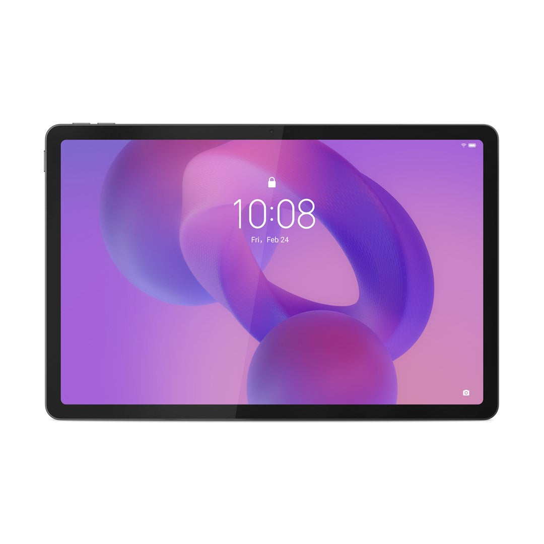 Un tablet con uno sfondo astratto viola e l'ora visualizzata come le 10:08.