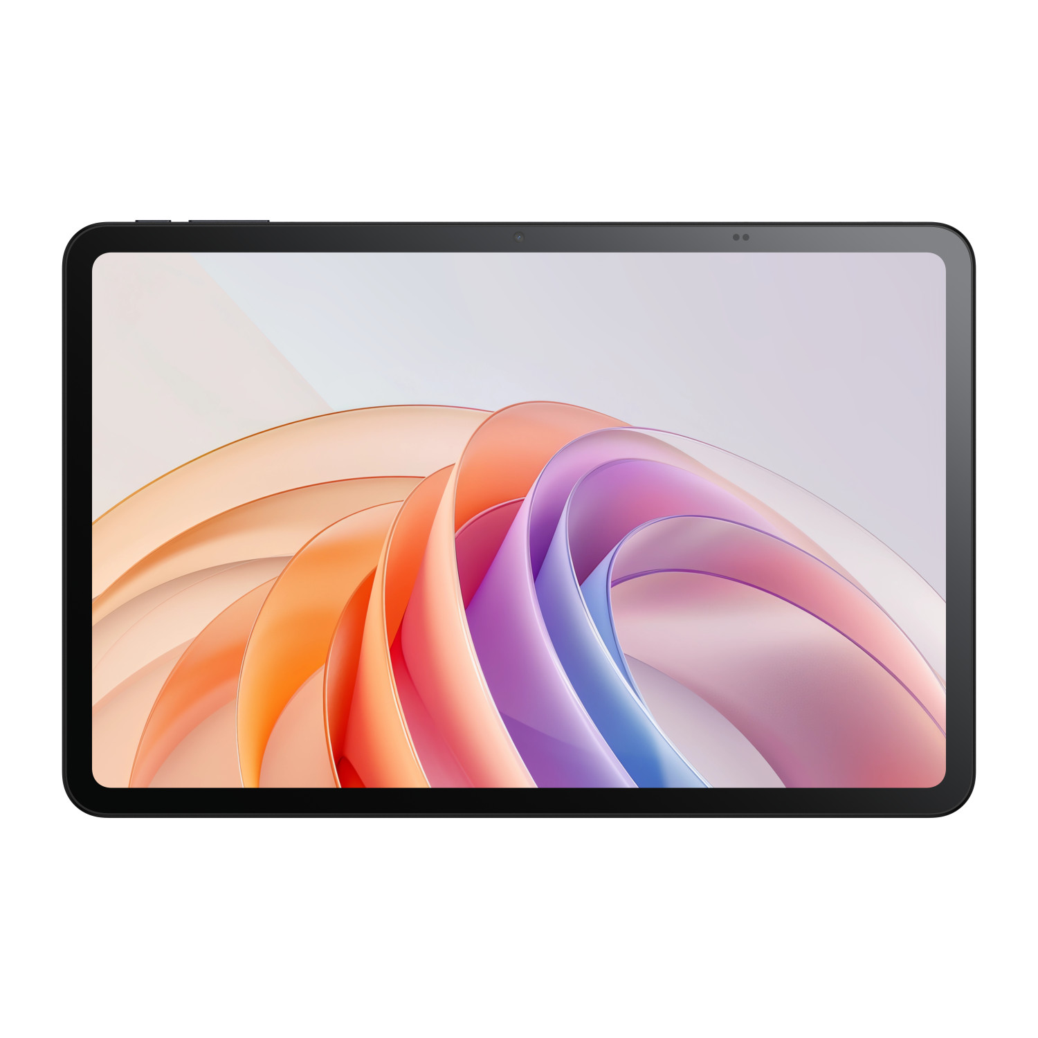 Un tablet nero mostra sullo schermo un motivo astratto di nastri curvi e colorati.