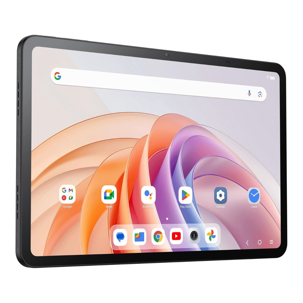 Un tablet nero con uno sfondo colorato e app Google sullo schermo.
