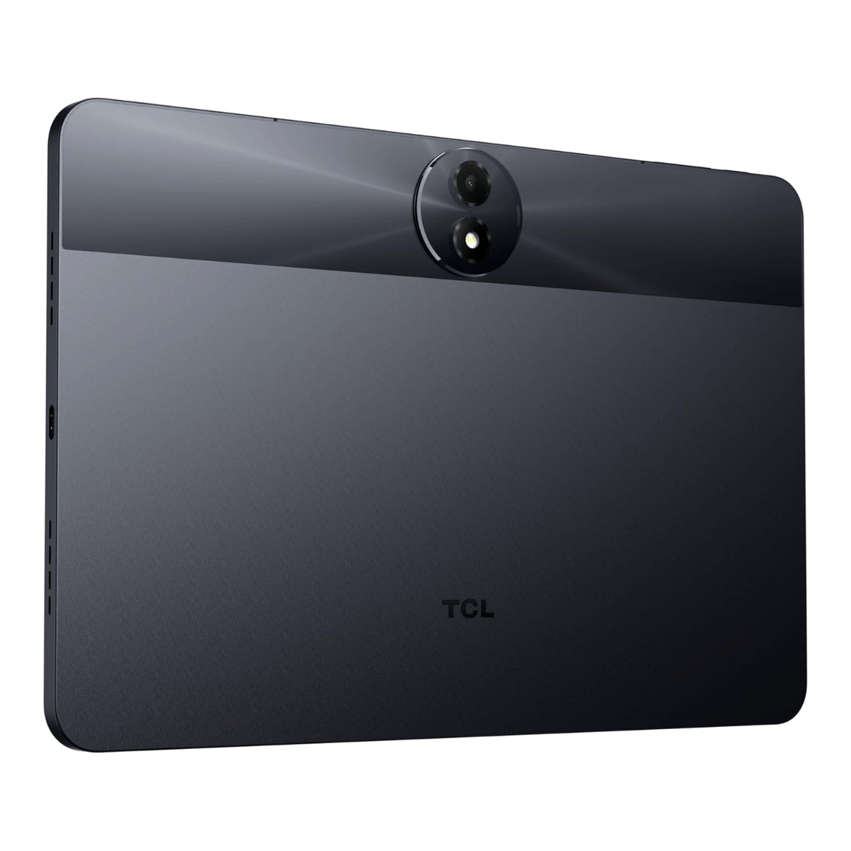 Retro di un tablet TCL grigio scuro con una doppia fotocamera circolare in alto e il logo del marchio.