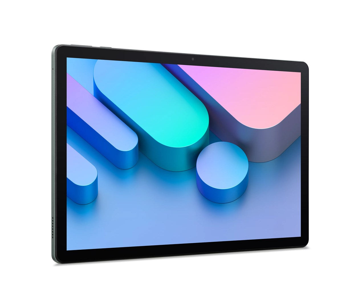 Un tablet con cornice scura mostra uno sfondo colorato con forme geometriche blu e viola.