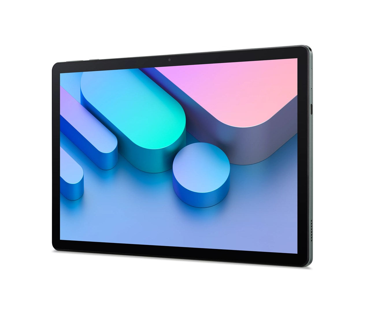 Un tablet con cornice nera mostra uno sfondo astratto blu e rosa con forme geometriche.