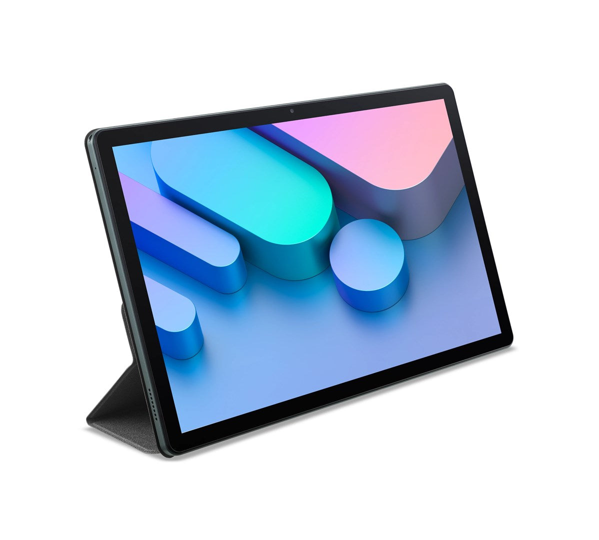 Un tablet in una custodia protettiva grigia su sfondo bianco mostra un motivo geometrico colorato sullo schermo.