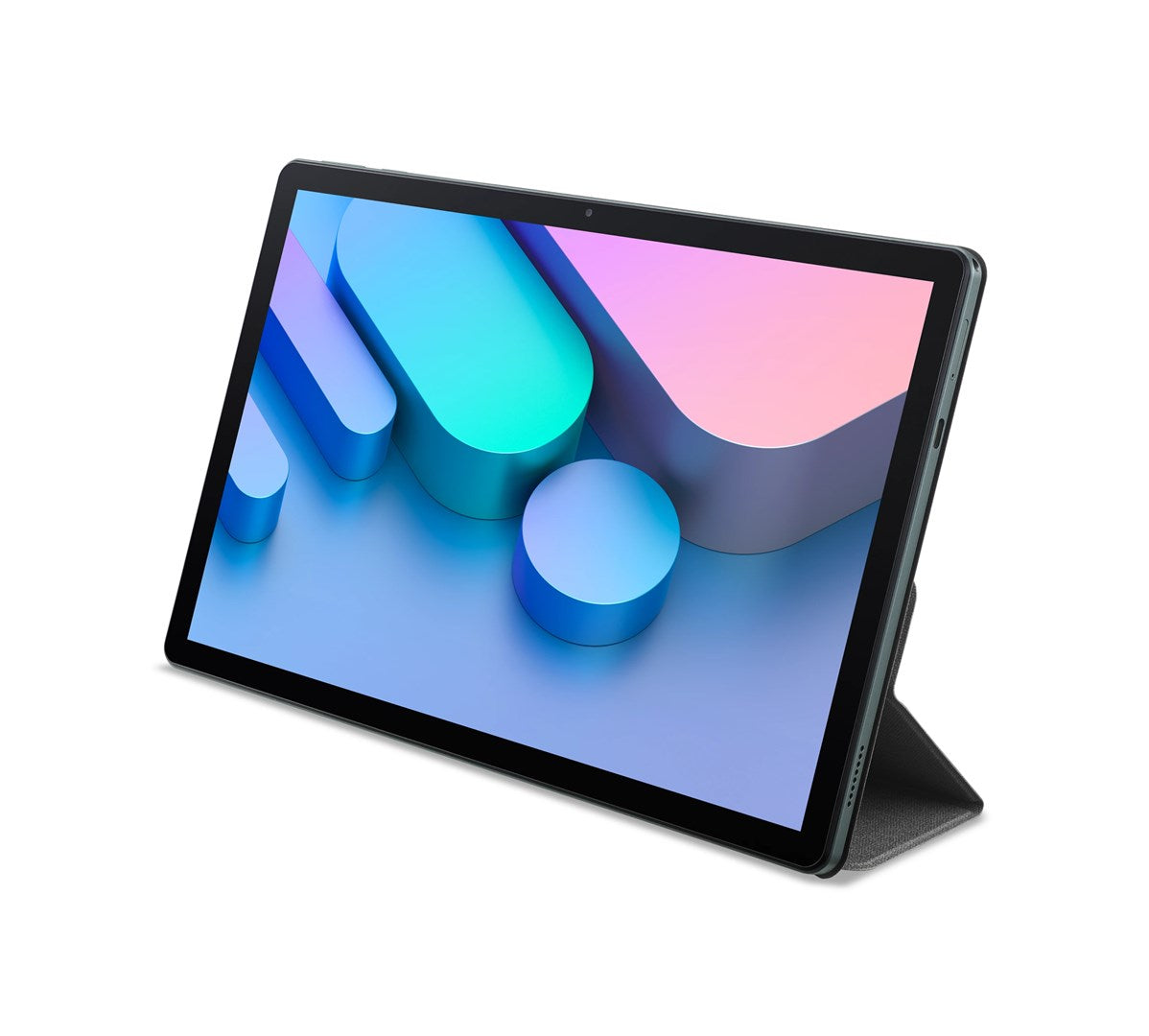 Un tablet nero con uno sfondo astratto colorato è appoggiato su un supporto grigio su sfondo bianco.