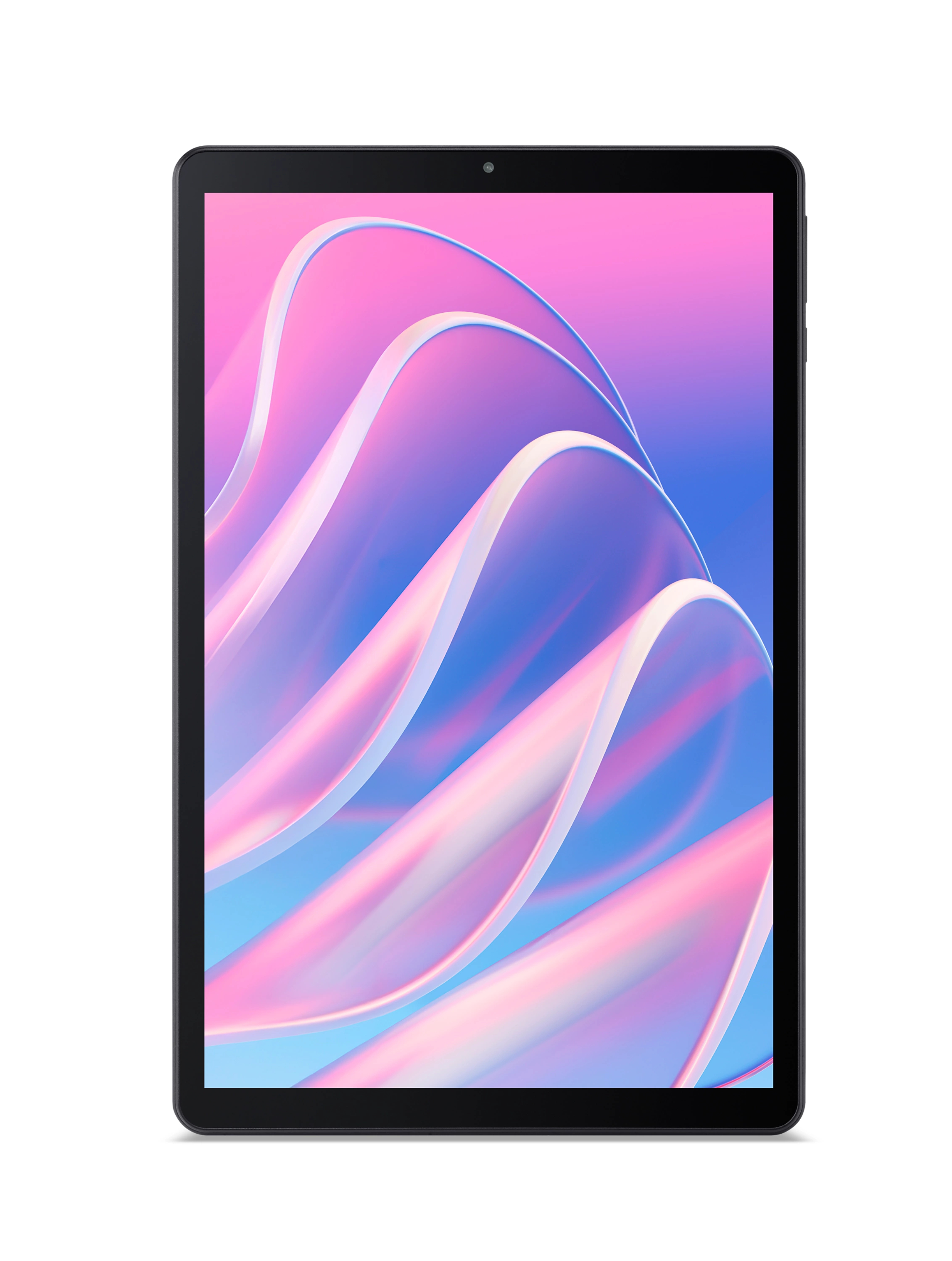 Un tablet mostra sullo schermo uno sfondo astratto e ondulatorio rosa e blu.