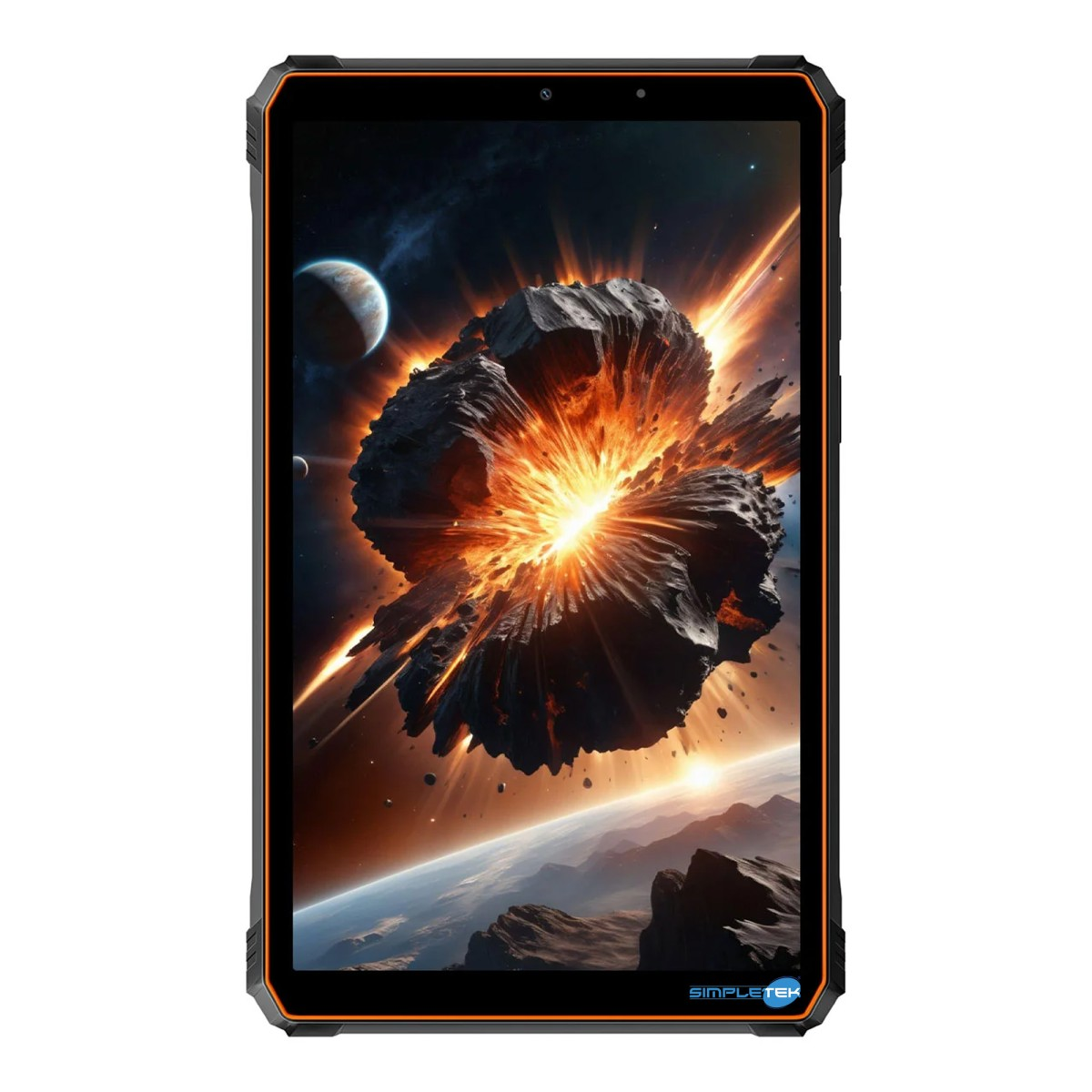 Robusto tablet nero che mostra una grafica di esplosione cosmica sullo schermo.