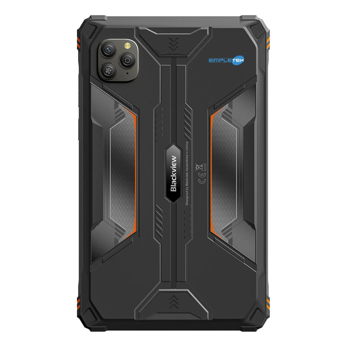 Il retro di un tablet nero rugged con dettagli arancioni, tripla fotocamera e il logo Blackview.