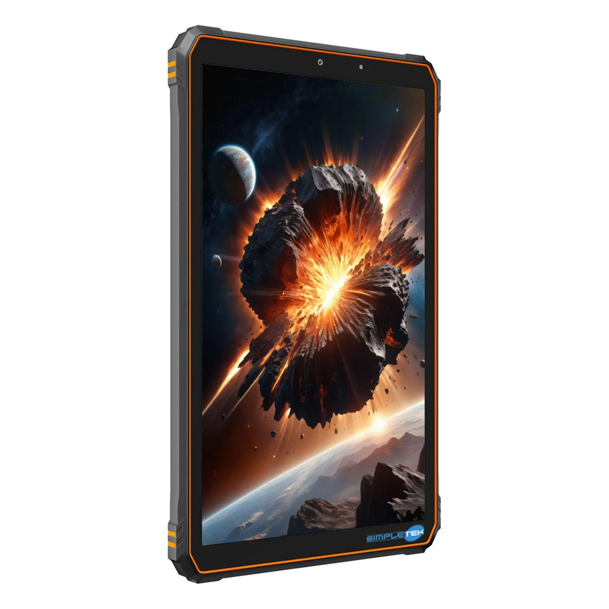 Un tablet robusto con cornice arancione e nera mostra uno sfondo cosmico con un asteroide che esplode.