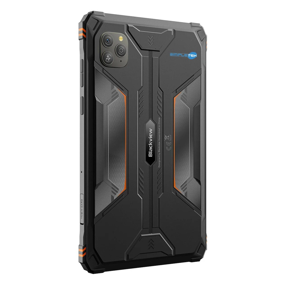 Retro di uno smartphone rugged Blackview nero e grigio con dettagli arancioni e tripla fotocamera.