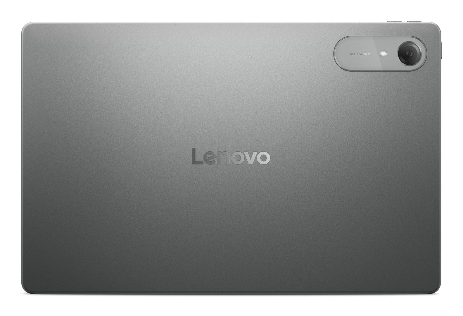 Retro di un tablet Lenovo grigio con logo centrale e modulo fotocamera in alto a destra.