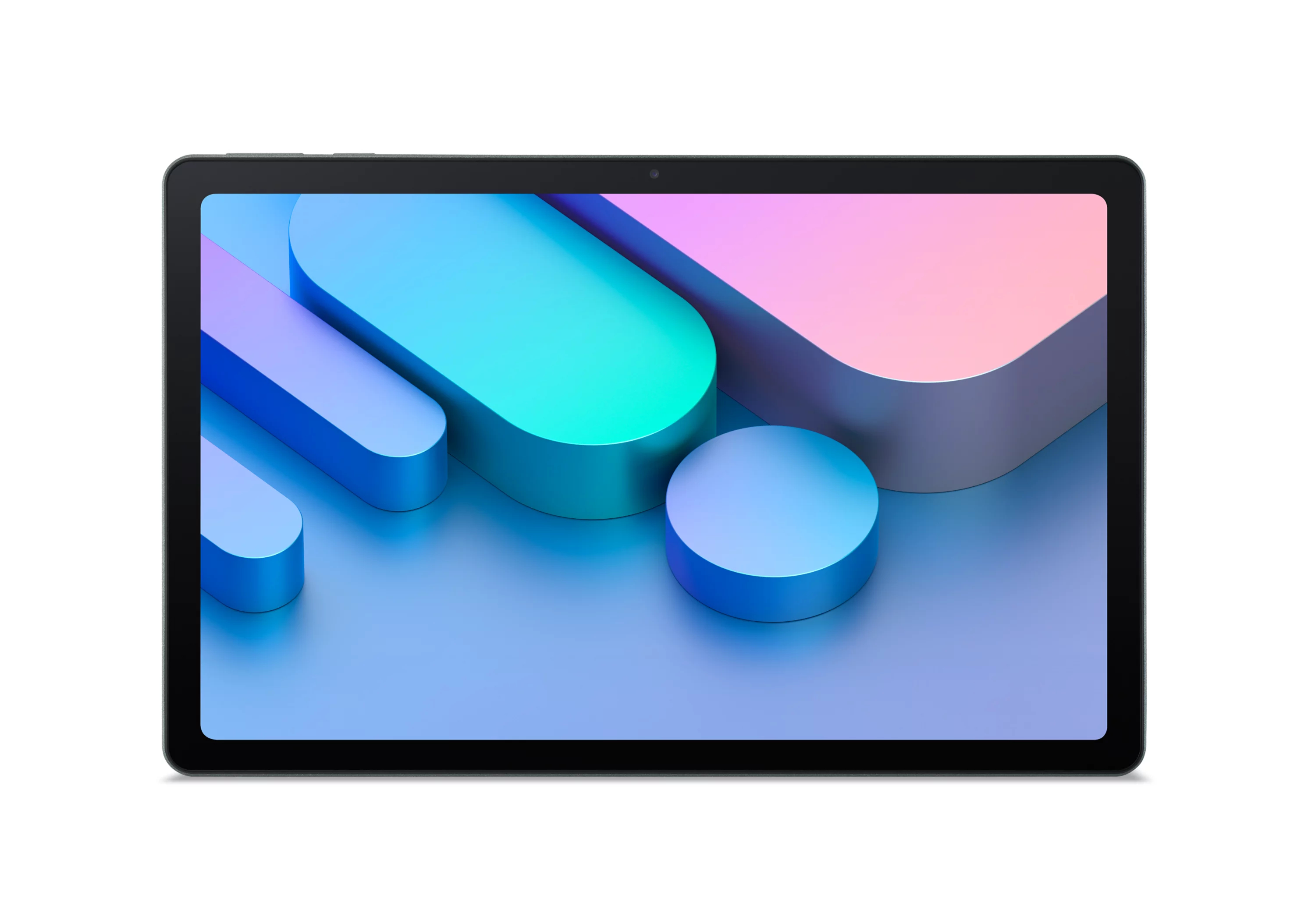 Un tablet nero mostra uno sfondo astratto 3D colorato con forme geometriche blu, viola e rosa.