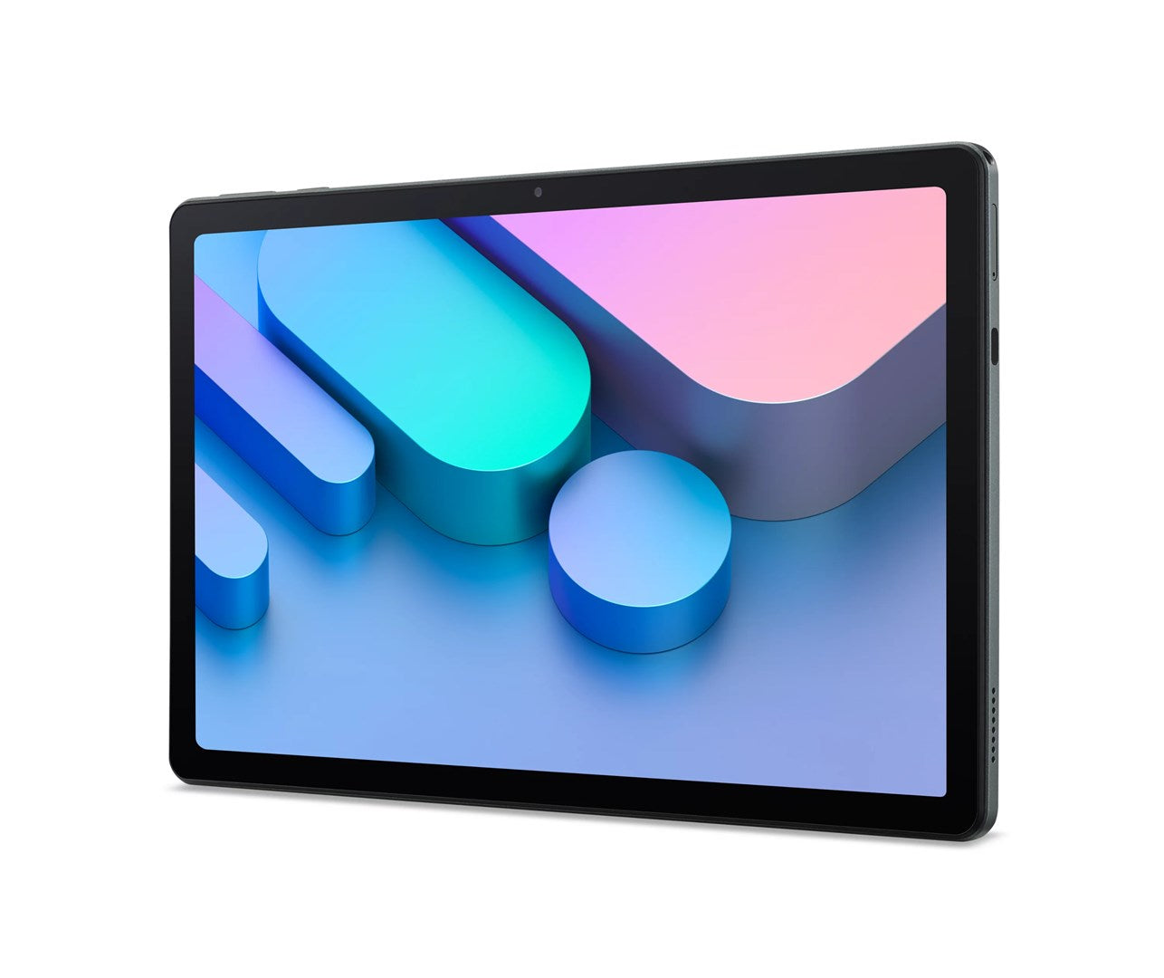 Un tablet nero mostra uno sfondo astratto colorato con forme geometriche blu e rosa.