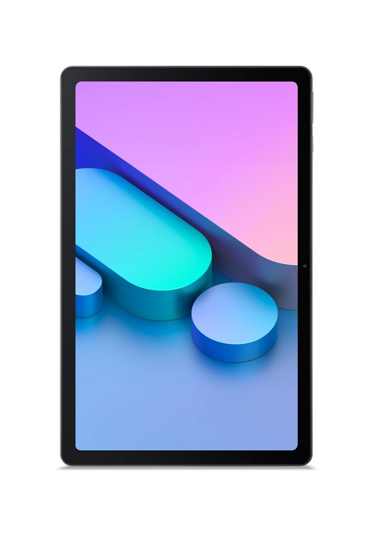 Un tablet nero mostra uno sfondo astratto con forme 3D blu e viola.