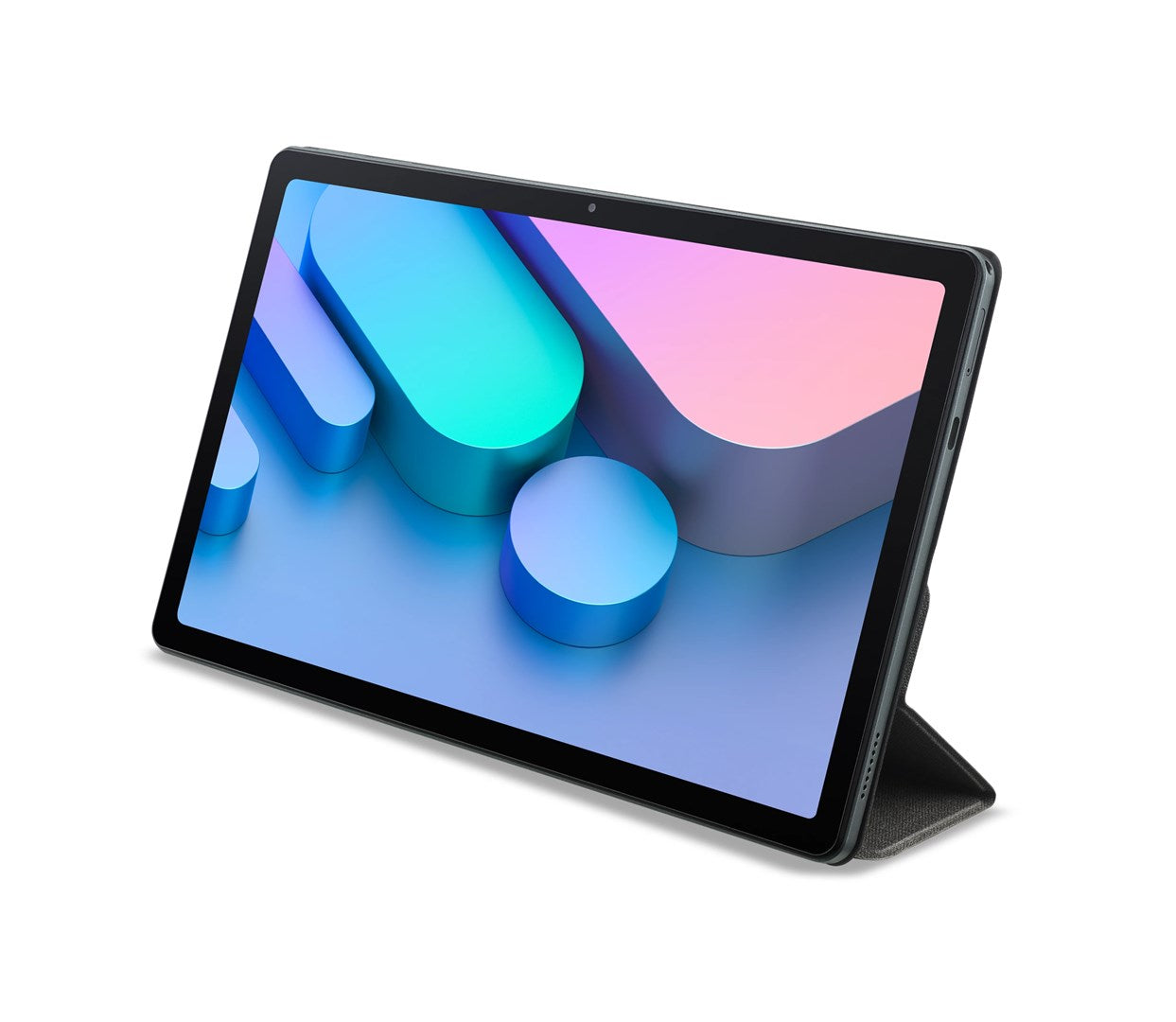 Un tablet nero su supporto mostra uno sfondo astratto blu, verde acqua e rosa su sfondo bianco.