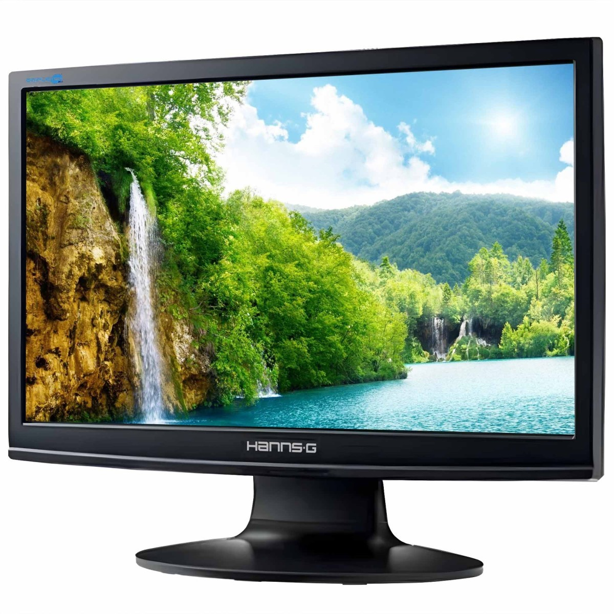 Un monitor nero Hanns-G mostra un paesaggio con cascata, montagne, lago e cielo azzurro.